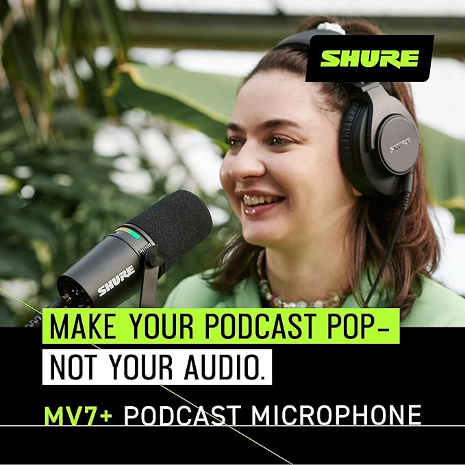 Shure MV7+ Podcast Dynamic Microphone – OBS Certified Enhanced Audio LED Panel USB-C &amp XLR Outputs Auto Level Mode Digital Pop Filter Reverb Effects – for Podcasting Streaming Recording B