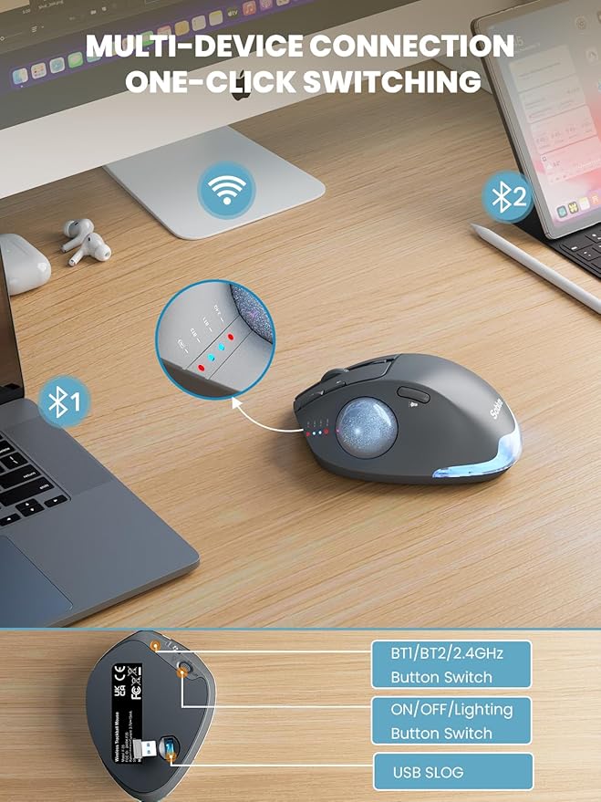 MAM1 Pro Wireless Trackball Mouse Ergonomic Bluetooth Rechargeable Computer Mouse Backlit Rollerball Thumb mice with 5 Level DPI Adjustable Angle 3 Devices Connection for PC Windows - Gray Mouse