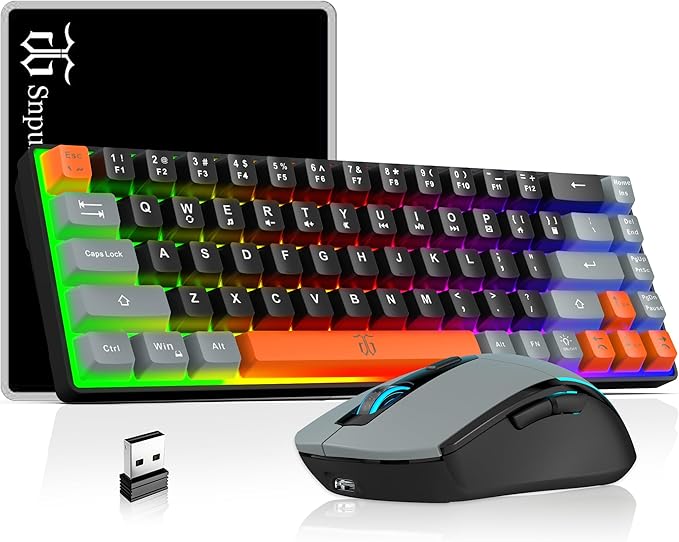 Snpurdiri 60% Wireless Gaming Keyboard and Mouse ComboRainbow Backlit Rechargeable 2000mAh BatteryMini Mechanical Feel Keyboard + Popular RGB Mice for GamingBusiness Office(Gray-Black-Orange)