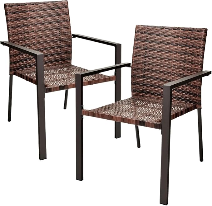 Adjustable Office Computer Chair with Armrest 2pcs Stackable Outdoor Rattan Wicker Dining Chairs with Armrests Steel Frames for Patio(Light Brown)