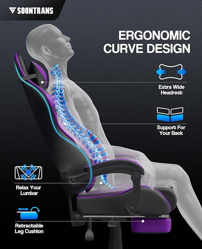 Soontrans Purple Gaming Chair with Footrest Ergonomic Gamer Chair Video Game Chairs with Adjustable Headrest Removable Lumbar Support Office Chair Game Chairs for Adults Teens(Purple)