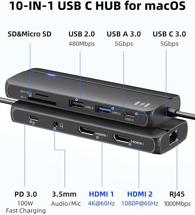 Selore Docking Station for MacBook Pro/Air 10-in-1 Dual HDMI Adapter for Mac USB C Hub for MacBook Docking Station Dual Monitor with 2 HDMI Ethernet PDUSB-C 2 USB-A SD/TF for M1/M2