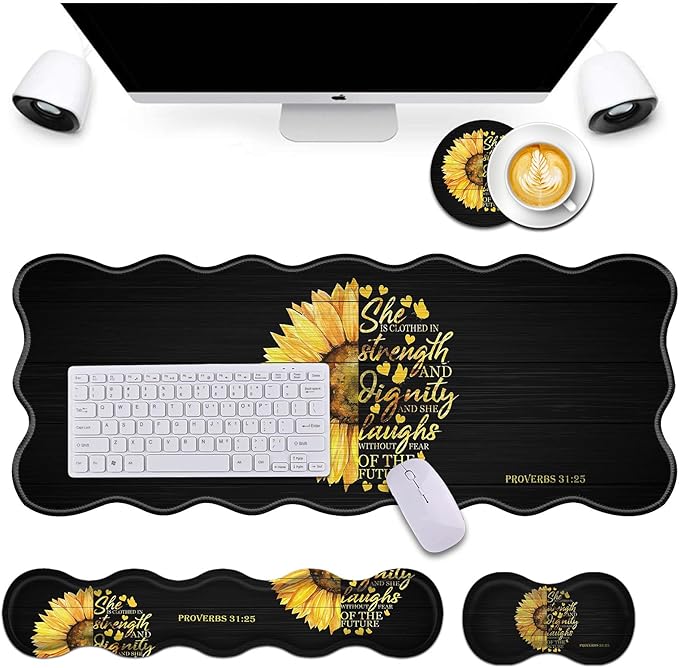 Bxgolkgd Desk Mat SetMouse Pad with Keyboard Wrist Rest &amp Mouse Wrist RestWave-Shaped DesignNon-Slip Rubber BaseErgonomic Desk Mat for HomeOfficeGamingQuote Bible Verse Proverbs 31:25