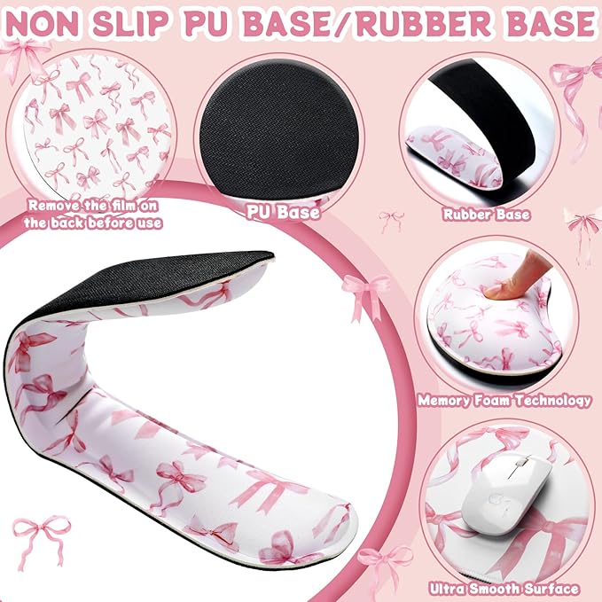 4 Pcs Pink Bow Keyboard Mat and Mouse Pad Set Coquette Desk Mat Bowknot Mouse Pad with Wrist Rest Cute Keyboard Wrist Rest Preppy Cup Coasters Pink Ergonomic Design for Office Table Computer