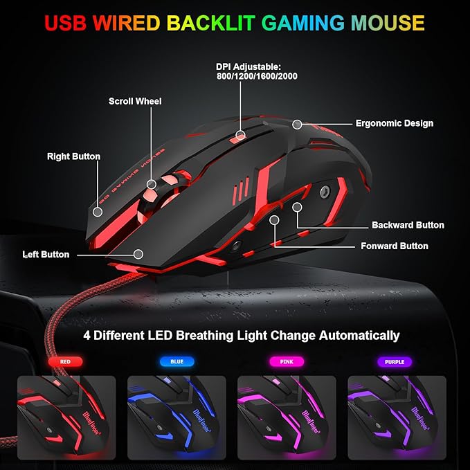 BlueFinger RGB Gaming Keyboard and Backlit Mouse Combo USB Wired LED Gaming Set for Laptop PC Computer Game and Work(Gray &amp Black)