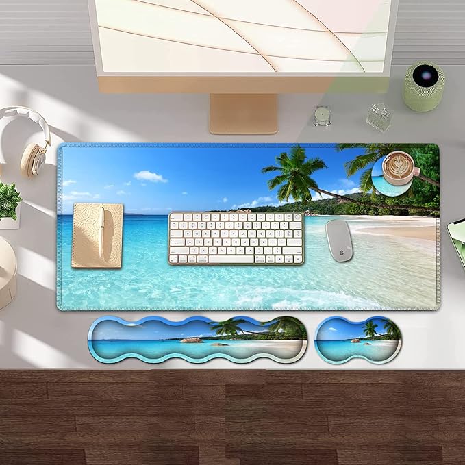 Gaming Mouse PadLarge Mouse Pad with Stitched EdgeNon-Slip Base Office Desk Pad Ergonomic Keyboard Wrist Rest SetWaterproof Writing PadBeach and Coconut Trees Pattern Extended XXL Desk Mat Set