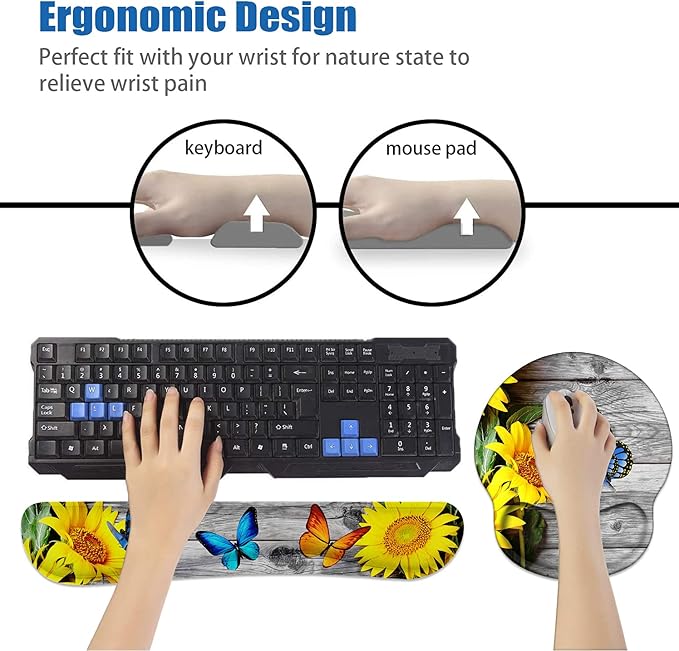 Keyboard Wrist Rest and Mouse Pad Wrist Rest Support Non-Slip PU Base Ergonomic Gaming Mousepad for Home Office Working Studying Easy Typing &amp Pain Relief - Sunflower and Purple Butterfly
