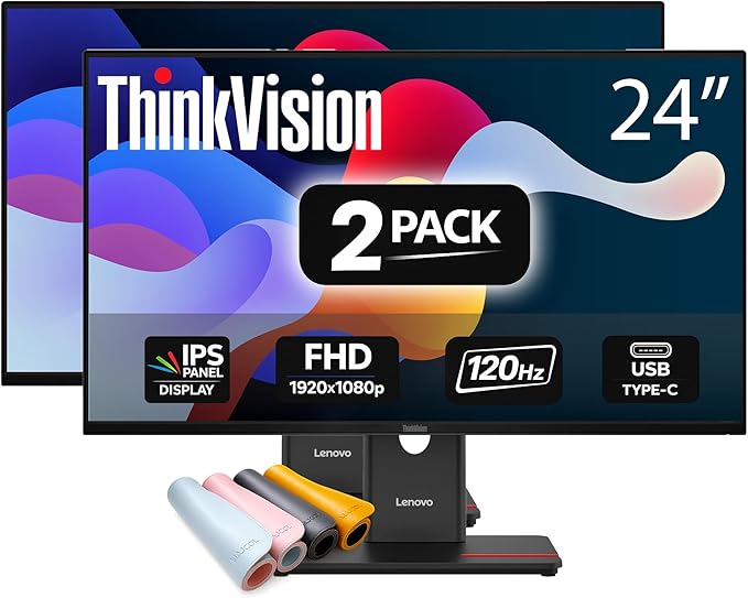 Lenovo ThinkVision T24-40 24 Full HD IPS Monitor HDMI DP VGA | Up to 120Hz | VESA Mount | Office Business Displays | W/MAJ Deskpad | 2 Pack