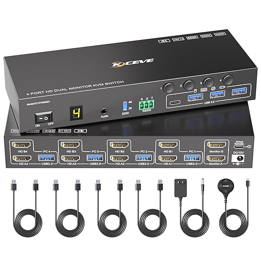 HDMI KVM Switch 2 Monitors 4 Computers 4K@60Hz EDID SimulationDual Monitor KVM Switch with 4 USB 3.0 Ports for USB PeripheralsAudioRS232with Wired Remote12V Power and 4 USB Cables