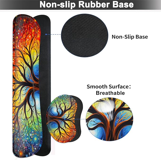 Large Mouse pad and Keyboard Support Set Ergonomic Memory Foam Keyboard Wrist Rest Extended Gaming Mouse Pad with Stitched Edges Colorful Tree of Life XXL Desk Mat (31.5 X 11.8 in)