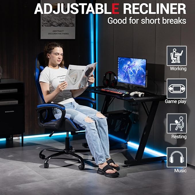 Gaming Chair PU Leather Massage PC Video Game Chair with Lumbar Support for Men Women Home Office Height Adjustable Ergonomic High Back Blue