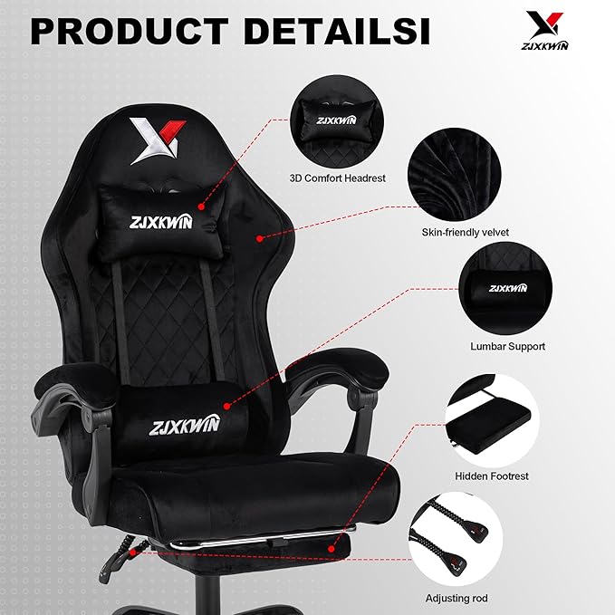 Gaming Chair with Footrest Ergonomic Computer Chair with Headrest &amp Lumbar Support Skin-Friendly Velvet Adjustable Height &amp Backrest Linked Armrest for Gamer Home Adults Office RestBlack