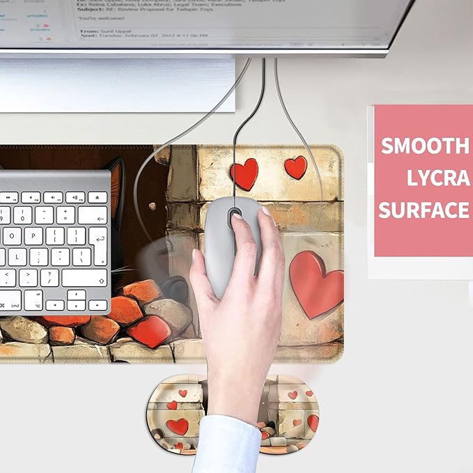 Mouse PadLarge Desk Mat Set 4in1 XL Mousepad + Keyboard Wrist Rest+Mouse Wrist Rest+Coaster with Ergonomic Desk Pad for Home Office Table Computer Cover -Cute Cat with Red Hearts