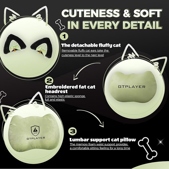 Gaming Chair Cute with Cat Ears Ergonomic Computer Chair with Dog Embroidery Adjustable Memory Foam Lumbar Support and Headrest Comfortable Reclining Office Chair for Girls Teens Women