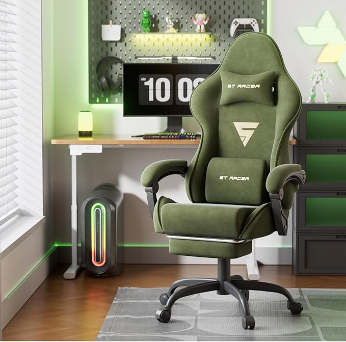 Ferghana Velvet Fabric Ergonomic Gaming Chair with Footrest and Massage High Back Reclining Computer Gamer Chair for Adult Racing Style PC Video Game Chair Suitable for Home Office (Green)