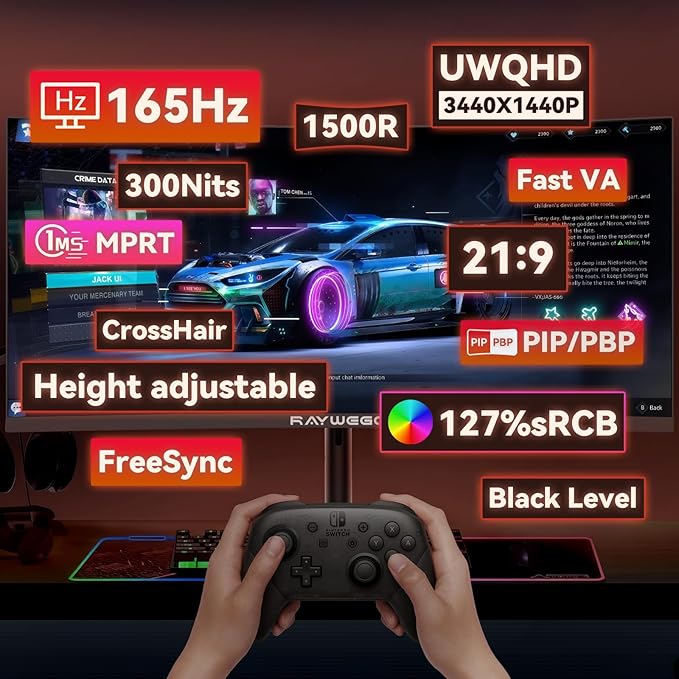 34 Inch Ultrawide Monitor 3440 x 1440P Curved Gaming MonitorSwivel/Height Adjustable21:9 Aspect Ratio with RGB Backlight165Hz 127% sRGB 4000:1 Contrast RatioPIP/PBP Black2026