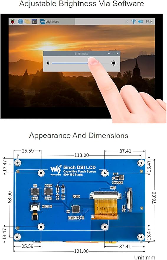 waveshare Compatible with Raspberry Pi Touchscreen 5inch DSI LCD Touch Screen 800×480 Resolution TFT LCD Display Monitor for Raspberry Pi Model 4B/3B+/3A+/3B/2B/B+/A+CM3/3+