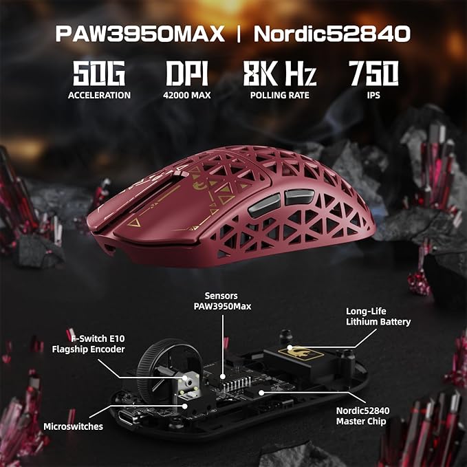 MAMBASNAKE M5 Ultra Carbon Fiber 8KHz Wireless Gaming MousePAW3950MAX Sensor 42K DPI39g Superlight Tri-Mode 2.4GHz/BT/Wired Computer MiceWeb Driver Supportfor Win/Mac/FPS/MOBA/Esports-Red (A)