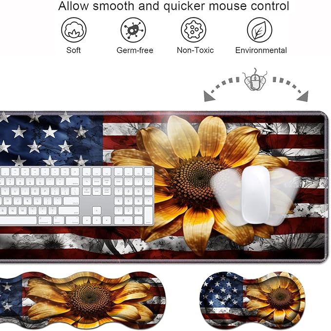 Ergonomic Keyboard Wrist Rest &amp Mouse Pad Wrist Rest Set Large XXL Gaming Desk Mat 31.5x 11.8 with Memory Foam Easy Typing Pain Relief for Office &amp Home American Flag Sunflower