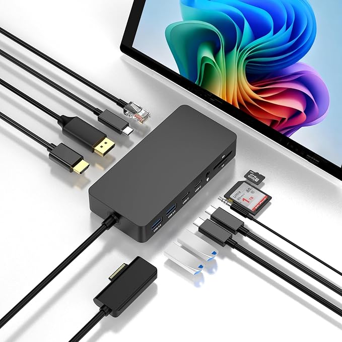 New Dock Triple Displays 4K@60Hz HDMI+USB C+DP Compatible with Surface Pro 12/11/10/9/8/X/7/6/5/4/3 Surface Laptop 7/6/5/4/3/2/1 Surface Laptop Go 3/2/1 Surface Go 4/3/2/1 Surface Book 3/2/1