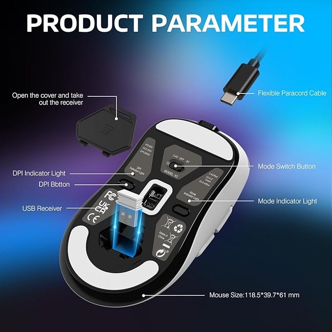 ATTACK SHARK X3 Wireless Gaming Mouse 49g Ergonomic Computer Mouse Triple Modes PAW3395 26K DPI Optical Sensor 200h Battery Life Programmable Buttons Gaming Accessories for PC/Laptop/Mac (White)
