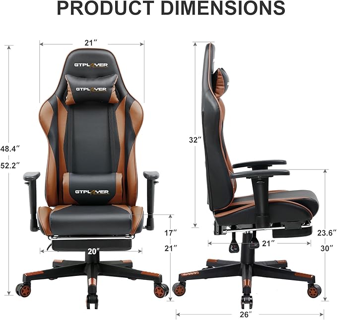 GTPLAYER Gaming Chair with Footrest Ergonomic Computer Game Desk Chair Reclining Gaming Chair Seat Height Adjustment Swivel Rocker with Headrest and Lumbar (Brown)