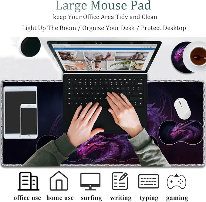 4 in 1 Mouse Pad Combo Large Gaming Mouse Pad + Keyboard Wrist Support + Mouse Wrist Rest + Coaster Table Pad 31.5 x 11.8 with Memory Foam Ergonomic Wrist Pad Set Flame Eyes Purple Dragon