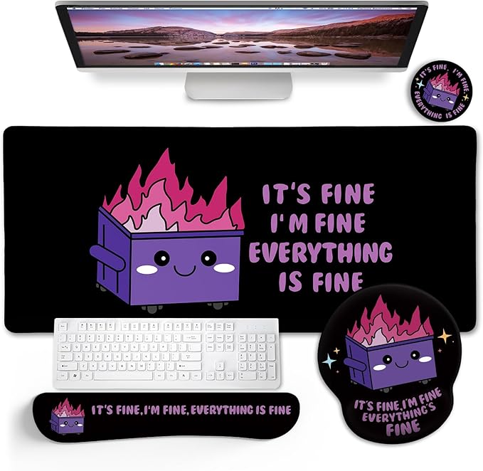 Blusabaca Dumpster on Fire Mouse Pad Desk Pad Funny Cute Desk Mat Large Gaming Mouse Pad with Wrist Rest Keyboard Pad Wrist Rest Ergonomic Cup Coaster Work Home Desk Accessories Office Supplies