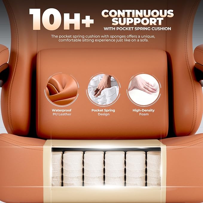 GTPLAYER Gaming Chair with Pocket Spring Cushion Big and Tall Gamings Chairs 350LBS High Back Computer Chair with Footrest for Adults Lumbar Support Swivel Game Chair for Office Leather Orange