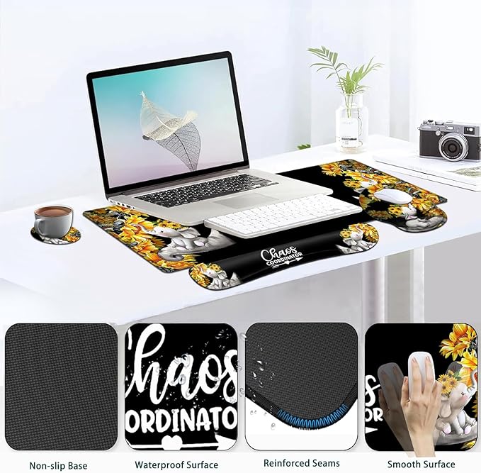 Large Mouse Pad Ergonomic Mouse Pad with Wrist Rest and Keyboard Wrist Rest 4 in 1 Set 31.5 x11.8 inch Extended Desk Pad for Home Office Cute Baby Elephant and Sunflowers Black xxl Gaming Mouse Mat