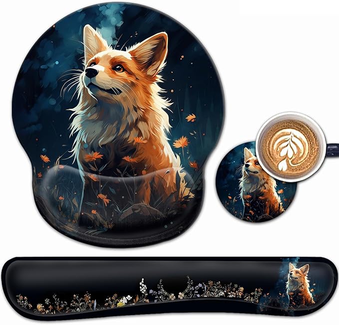 Ergonomic Gaming Mouse Pad Wrist Support and Memory Foam Keyboard Wrist Rest with Anti-Slip Base for Home Office Computer Desk Pad Gel Black Mouse Pad Easy Typing Cute Red Fox Animal Desk Mat