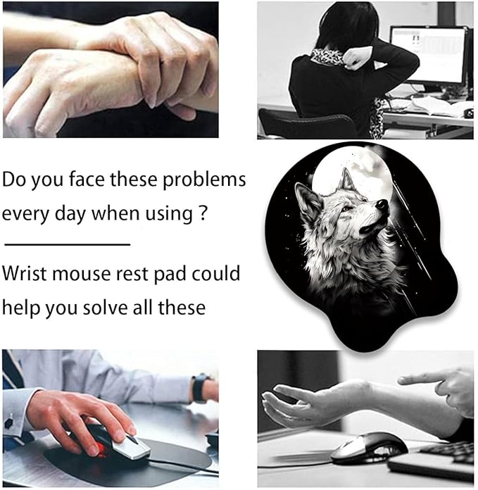 Mouse Wrist Rest and Keyboard Wrist Rest Pad+ Coaster Set Non-Slip Rubber Base Smooth Surface Ergonomic Gaming Mouse Pad for Easy Typing and Pain Relief Wolf Moon