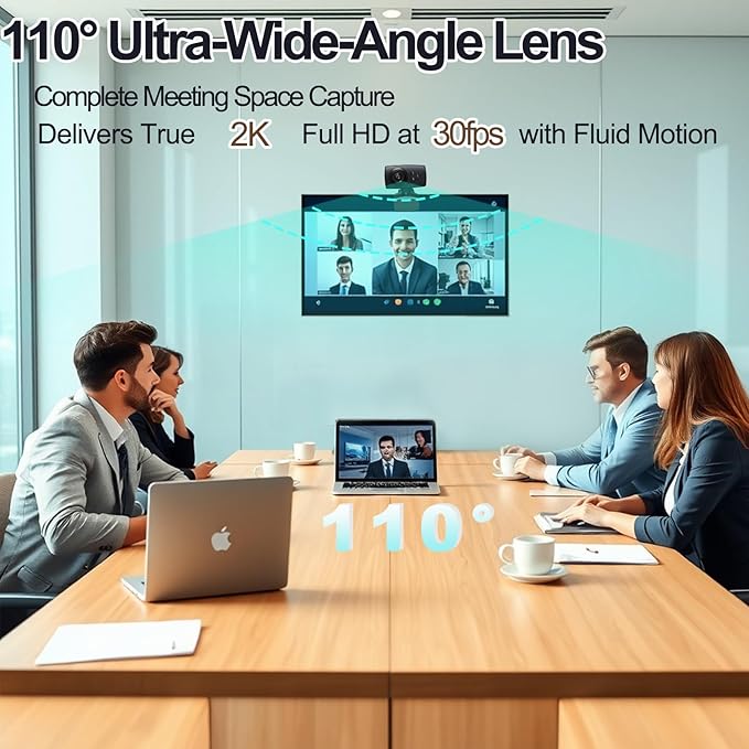 2K Full HD Webcam with Noise-Canceling Microphone Auto Light Correction &amp 110° Wide AnglePlug &amp Play USB Camera for PC/Laptop/Mac/Zoom/Skype/Teams/Online Meetings