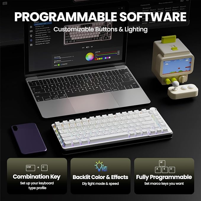 EWEADN GS75 Wireless Mechanical Keyboard ASMR 75% Gaming Keyboard Gasket Hot Swappable Custom Keyboards with RGB Knob PBT Keycaps BT5.0/2.4G/USB-C Creamy Keyboards White