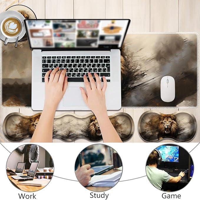 4 in 1 Mouse Pad Combo Large Gaming Mouse Pad + Keyboard Wrist Support + Mouse Wrist Rest + Coaster Table Pad with Stitched Edge Ergonomic Wrist Pad Set Lion