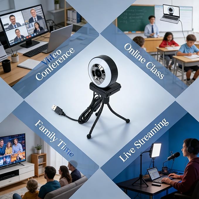 1080P HD Web Camera with Autofocus USB2.0 Webcam for Desktop Laptop PC Clear Video Self Beauty - Adjustable Lighting 360 Degree Rotation Video Call Friendly