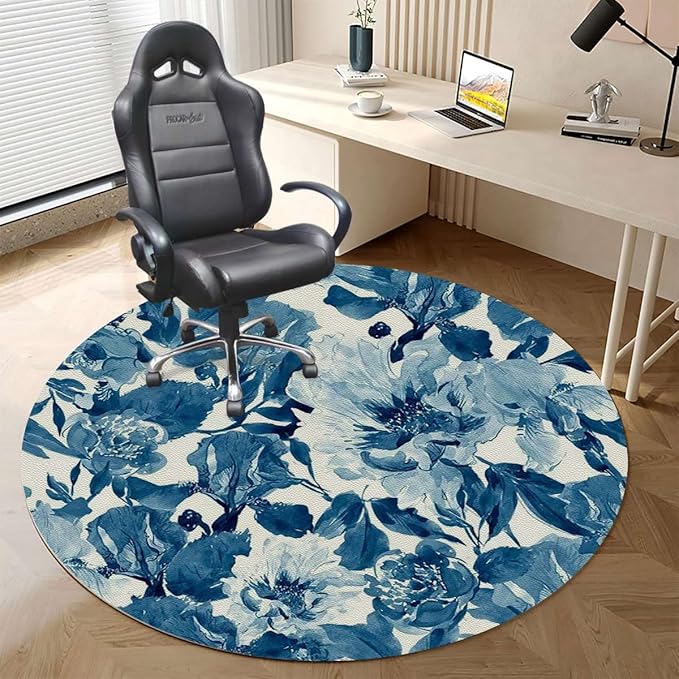Blue PU Leather Round mat Office Chair Mat Leaf Mango Turquoise Hardwood Floor mat Chair mat Round Chair Cushion for Desk Chair Office ChairCushion Party Theme Diameter 39.4 in