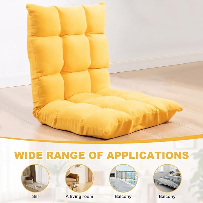 Folding Floor Chair 5-Position Cushioned Adjustable Lazy Sofa Foldable Floor Lounger for Adults Kids Gaming Reading Meditating (Yellow)