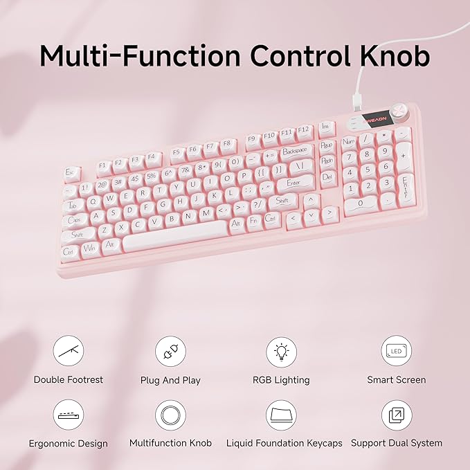 V102 Wired Keyboard 98 Keys Creamy Gaming Keyboard with Number Pad Display Screen &amp Media Knob RGB Silent Wired Cute Computer Keyboard for Laptop PC Gamer - Pink