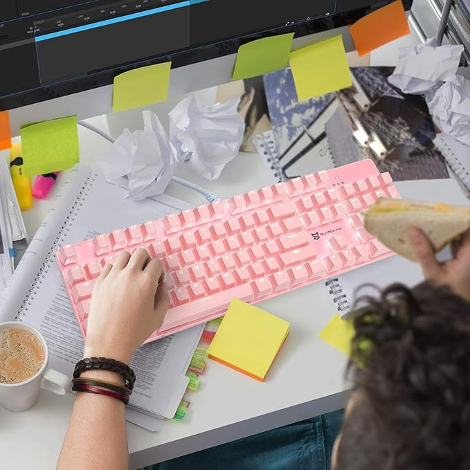 Full Size Wired Mechanical Gaming Pink Keyboard | Red Switch 104 Keys US Layout Full Size Pink PC Gaming Keyboards | Hot Swappable LED Backlit Light Up Wired Mechanical Computer Keyboards