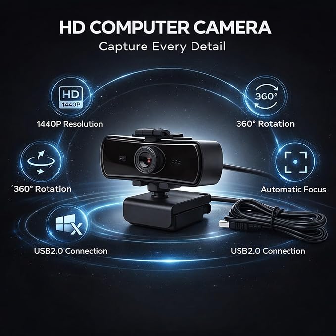 USB Computer Camera with Built - in Microphone 2K HD Video Call Lens Protection Cover - Plug and Play Wide Angle View Ideal for Remote Work and Streaming