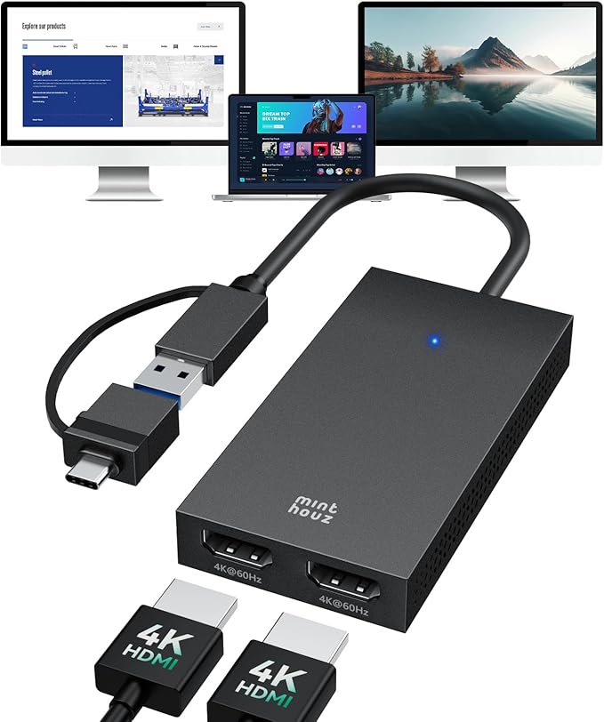 Minthouz 4K HDMI Splitter for Dual Monitors DisplayLink Certified Dual Monitor Splitter USB 3.1 to HDMI Adapter for Windows 10/11 &amp MacBook M1/M2/M3/M4 Support for Dell/HP/Lenovo/Surface Laptop