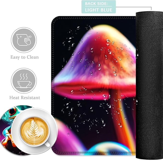 Keyboard Mouse Pad Set Extended Gaming Mouse Pad+Ergonomics Keyboard Wrist Rest Support Memory Foam Easy Typing Pain Relief 4Pcs XL Ultra Thick Desk MatPsychedelic Frog Mushroom