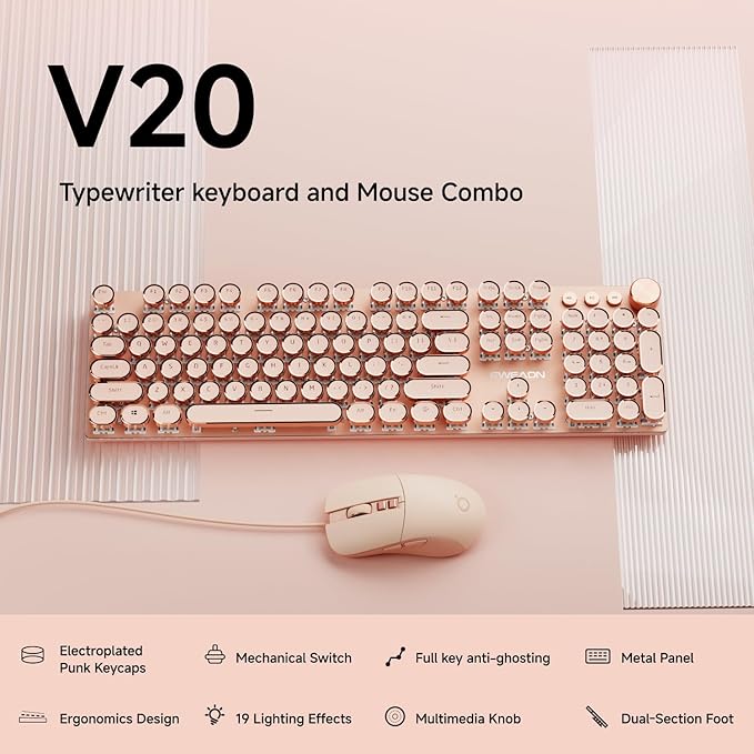 EWEADN Wired Typewriter keyboard and Mouse Combo Typewriter Style Mechanical Gaming Keyboard104 Keys Backlit LED Keyboards Media Control Knob Wired Keyboard Pink Switch for Windows/Mac/PC-Pink