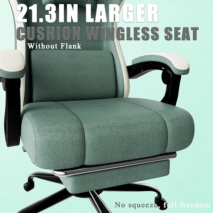 Gaming Chair High Back Fabric Computer Chair with Pocketed Spring Cushion and Footrest Height Adjustable Game Chair with Headrest and Lumbar Support (Beige &amp Blue)