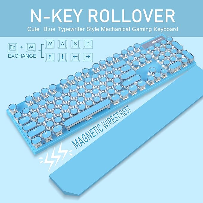 Typewriter Style Mechanical Gaming KeyboardRetro Punk Gaming Keyboard with White Backlit 104 Keys Blue Switch Wired Cute Keyboards with Detachable Wrist RestBlue Keyboards for Office/PC/Laptop
