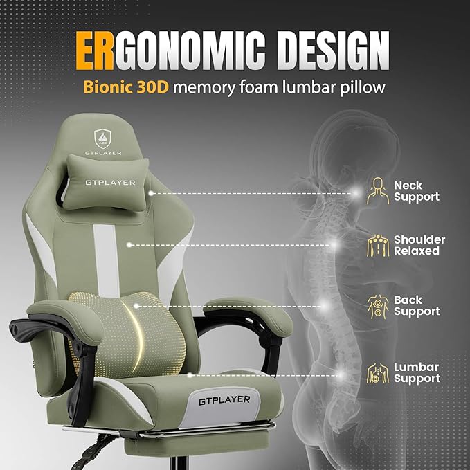 GTPLAYER Gaming Chair with Foot Rest &amp Pocket Spring Cushion Ergonomic High Back Computer Desk Chair with Headrest &amp Lumbar Support for Back Pain Relief Breathable Fabric Green