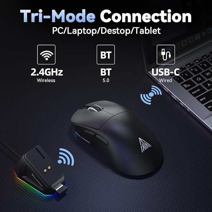 SOLAKAKA SM822 Wireless Gaming Mouse with RGB Charging Dock Tri-Mode Wireless Mouse PAW3311 Optical Sensor Up to 24000DPI 62g Lightweight Mouse with 5 programmable Buttons for PC Laptop (Black)