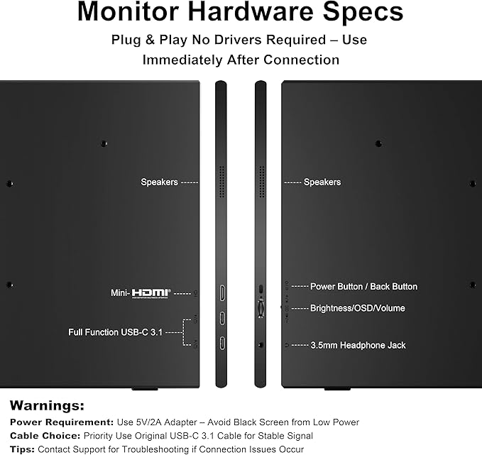 Portable Monitor for Laptop 15.6 FHD 1080P IPS Travel Screen with Speakers &amp Smart Cover VESA Mount (75x75mm) USB-C &amp HDMI Port for PC Mac Phone PS5 Xbox Switch