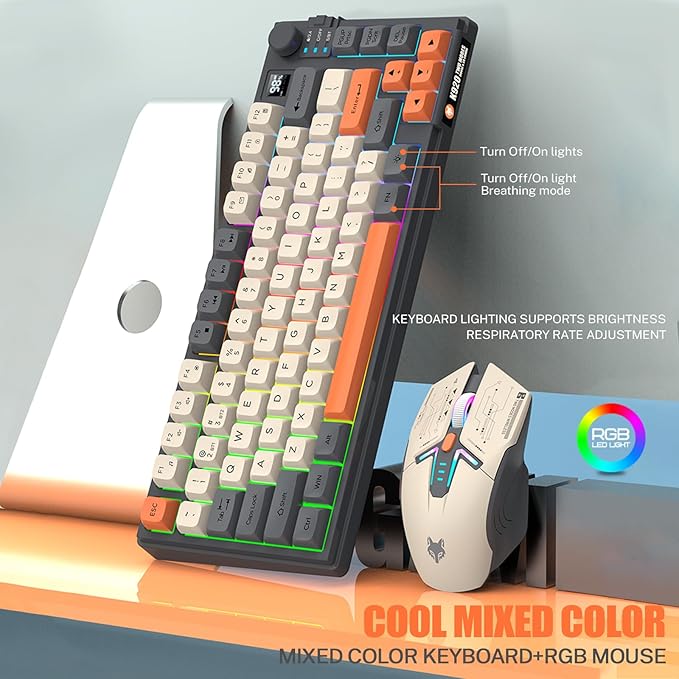 75 ％ Wireless Gaming Keyboard and Mouse Combo Tri-Mode BT5.0/2.4GHz/USB-C RGB Backlit Keyboard + 3D 1600DPI Mice 2000mAh Battery 80 Keys Knob Volume Control (Black)